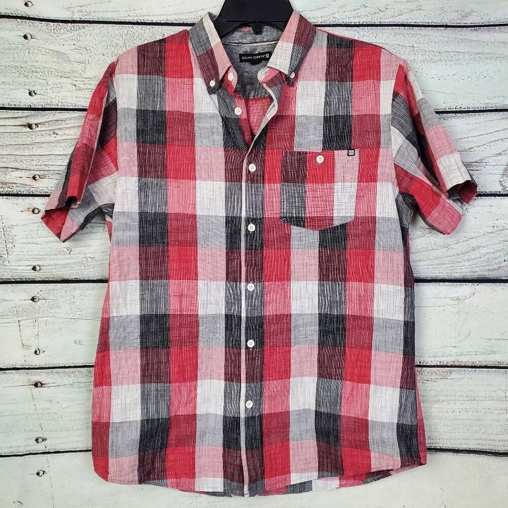 Ocean Current Men’s Button Up Shirt Medium Red Black Plaid Short Sleeve 100% Cot